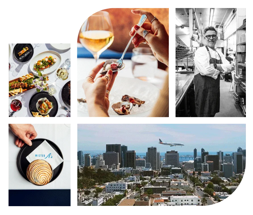 Collage of photos from Mister A's restaurant in San Diego