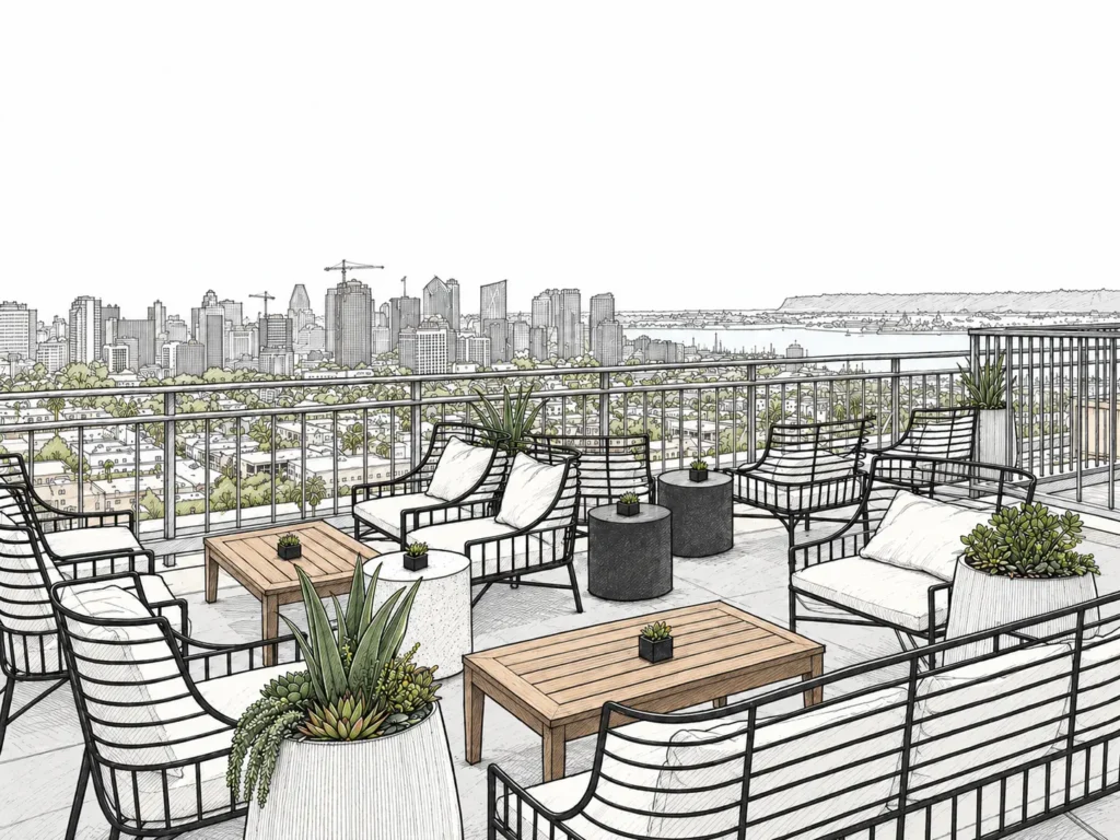Outdoor patio dining for private events and parties in San Diego at Mister A's restaurant