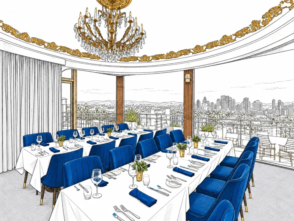 Private dining room with skyline views of downtown San Diego for private events and parties at Mister A's restaurant