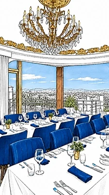 Private dining in the Rotunda room with skyline views of downtown San Diego for private events and parties at Mister A's restaurant